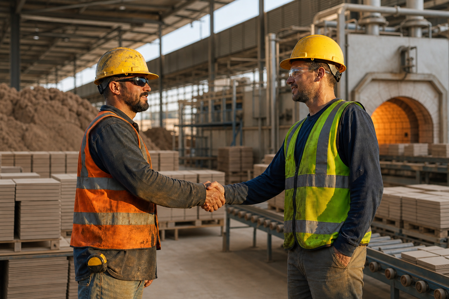 Workers Shaking Hands in Ceramics Factory Workers Shaking Hands in Ceramics Factory